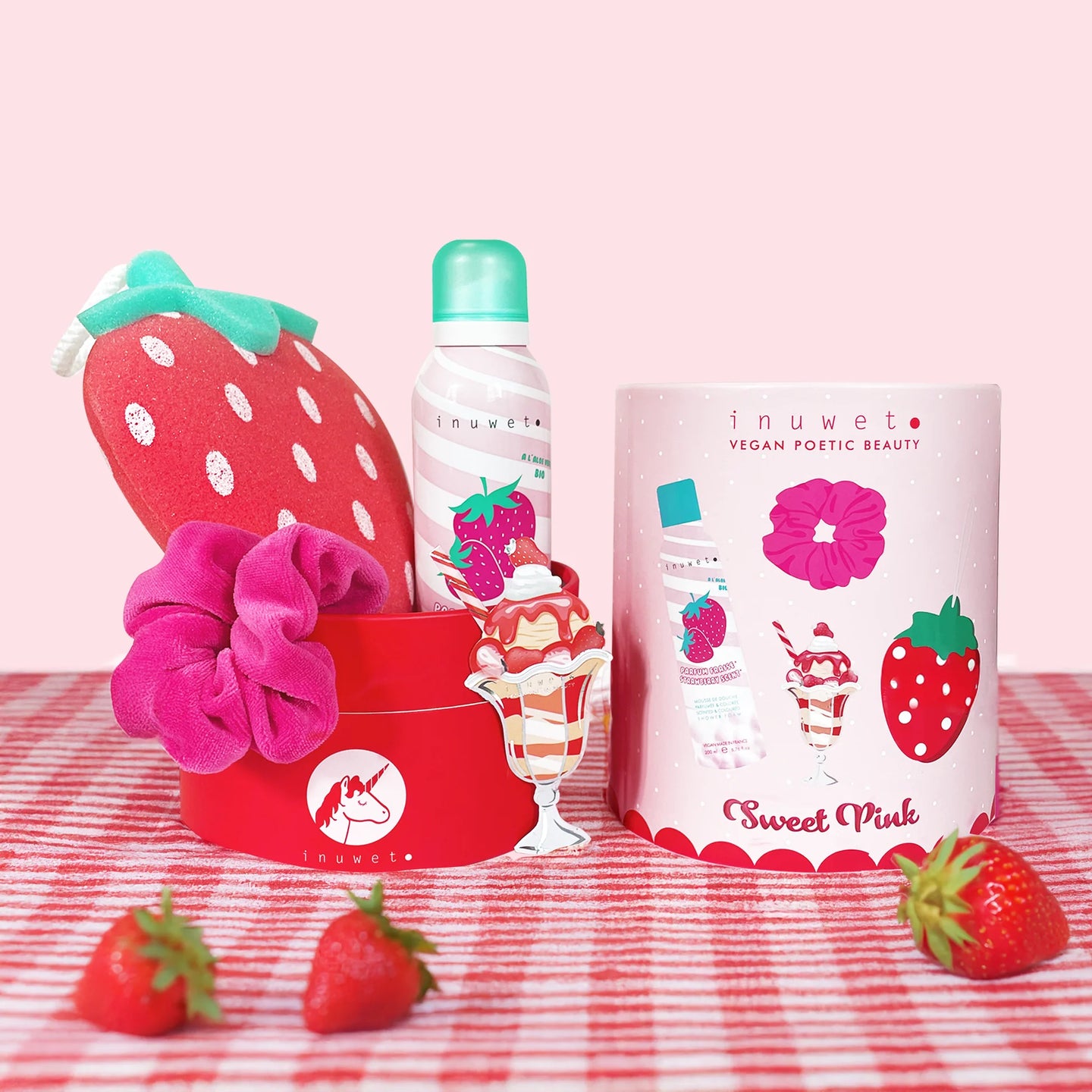 Dovanų rinkinys su dušo putomis ir aksesuarais „Fun Bath Box“ – Braškė